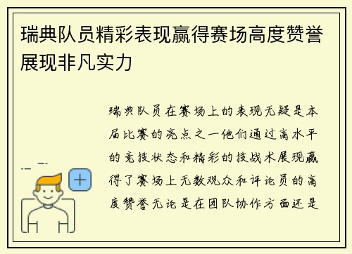 瑞典队员精彩表现赢得赛场高度赞誉展现非凡实力