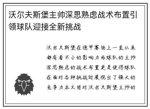 沃尔夫斯堡主帅深思熟虑战术布置引领球队迎接全新挑战